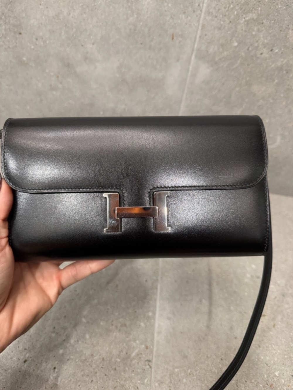 Hermes Black Leather Constance To Go Black Box with Palladium Hardware Clutch